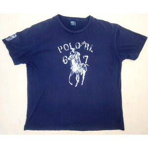 Vintage Polo Ralph Lauren 67 #3 Distressed Graphic T-Shirt Navy Blue Size L Y2K